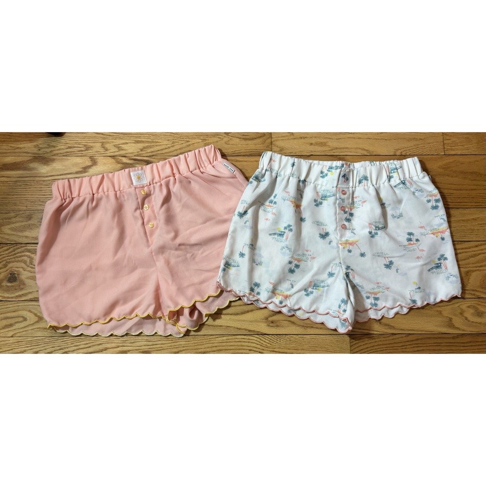 (2) Rae Dunn Lounge Shorts Pajamas LOT  Scallop Trim M Sleepwear Pink Flamingo